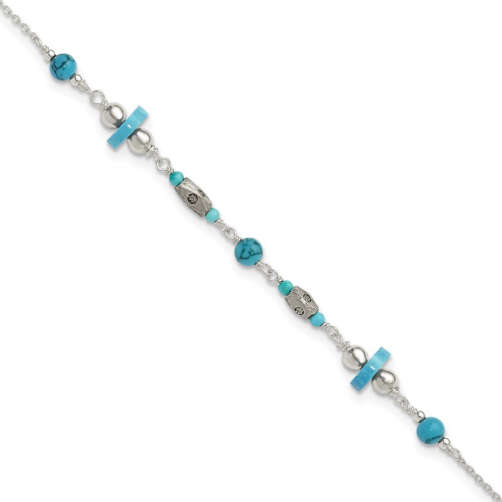 925 Sterling Silver Antiqued Turquoise Beaded 9 inch Anklet